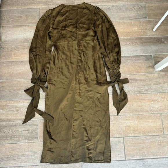 Olivia Von Halle Silk Midi Dress Button Down Tie Sleeve Olive Green Small - Picture 8 of 9